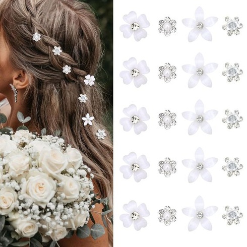 Mezrkuwr 20ks White Small Flower Sponky do vlasů, Mini roztomilé kamínkové kovové jehlice do vlasů