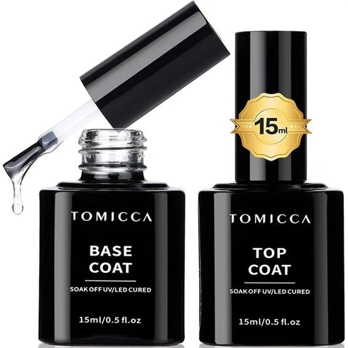 TOMICCA Base Coat Top Coat Sada UV laků na nehty, 2 * 15ml Base Coat a No Wipe Top Coat, soak-off