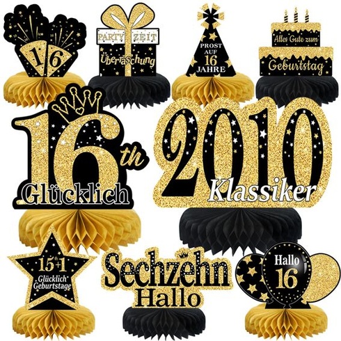 16. narodeninové dekorácie pre chlapcov, 9 ks, čiernozlaté, narodeninové dekorácie na stôl, dekorácie k