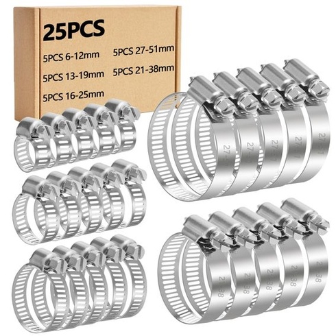 Sada 25 hadicových spon, nastavitelné hadicové spony z nerezové oceli 6-51 mm, 5 velikostí pro