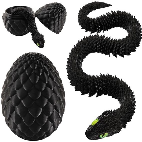 Joycabin 3D tlačený had s 13cm vajcom, hračka Fidget, čierna - stredná (vajcia: 13cm)