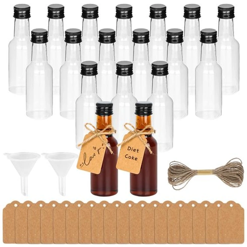 18 mini plastových fľaštičiek od likéru, 50ml, malé fľaštičky na plnenie, s 2 mini lievikmi, 18