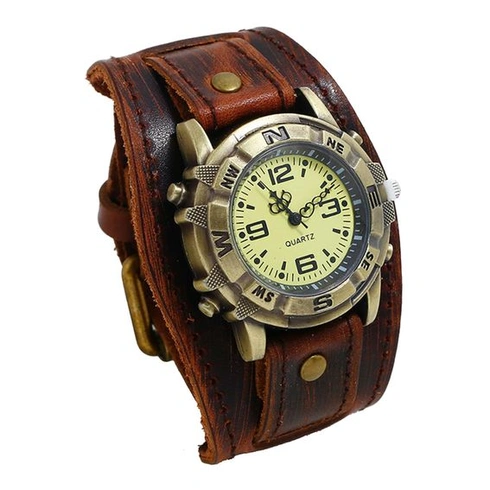 Pánske hodinky JewelryWe z pravej kože - steampunk retro analógové quartzové náramkové hodinky