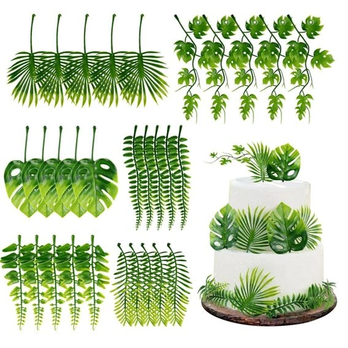 30 ks umelé listy monstera ozdoby na tortu tropické palmové zelené listy dekorácie na tortu pre letné