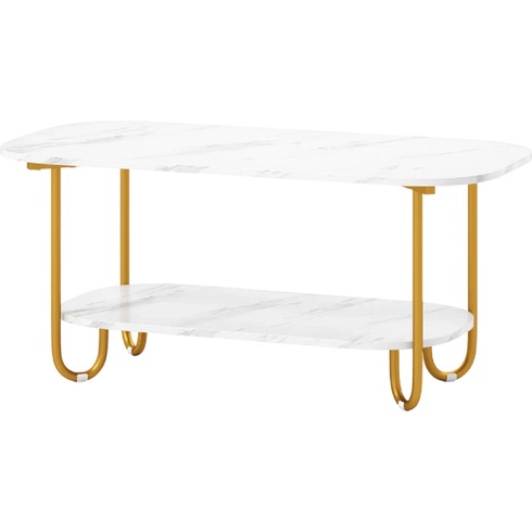 Dvojposchodový konferenčný stolík JV12418WH, 100 x 50 x 45 cm, bielo/zlatý - N
