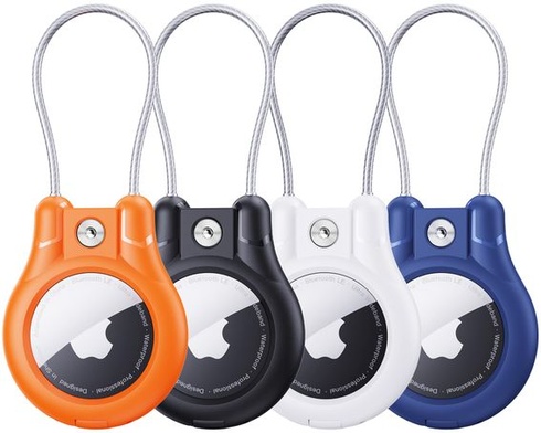 Sada 4 kľúčeniek Apple AirTag, púzdro IPX8 AirTag s oceľovým lankom, čierna, biela, oranžová, modrá