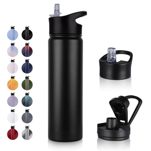 Nerezová fľaša na vodu - 750 ml - so slamkou, nepriepustná, vhodná na sýtené nápoje, termoska bez BPA