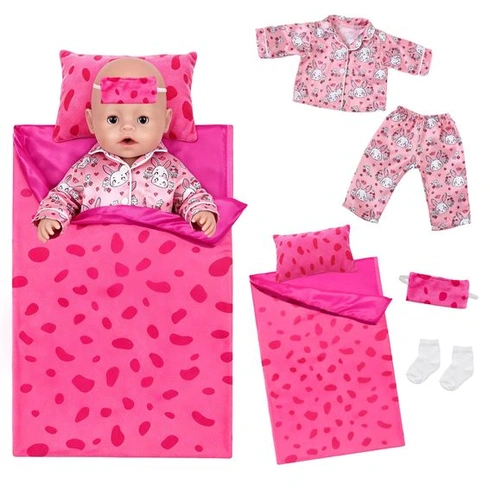 Oblečení pro panenky 43 cm, 6dílná spací sada s motivem zajíčka: spací pytel, maska na oči,