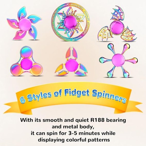 SCIONE Sada 6 kovových fidget spinnerů - duhové barvy pro dospělé i děti, s ultra otočnými ložisky
