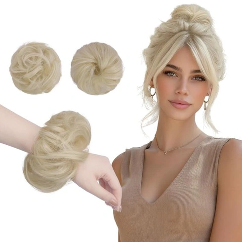 FESHFEN Mini dvojitý drdol, blond, rozcuchaná gumička do vlasů pro ženy, 2 kusy, platinová blond