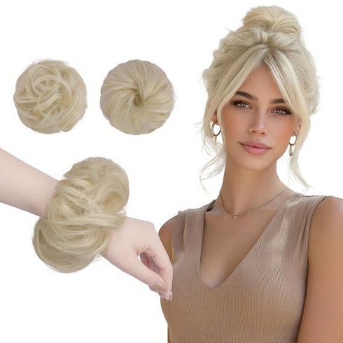 FESHFEN Mini dvojitý drdol, blond, strapatá gumička do vlasov pre ženy, 2 kusy, platinová blond