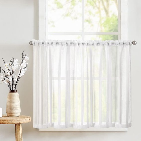 TOPICK Priesvitné pruhované závesy do kaviarne, 1 kus, V 60 x Š 125 cm, biele, s vreckom na tyč, biele,