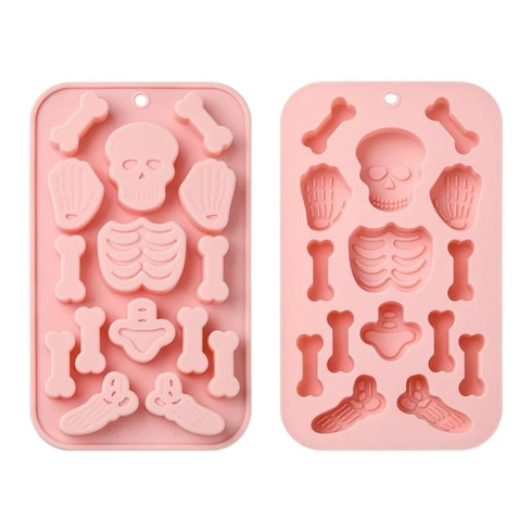 2 silikonové formy s motivem lebky na Halloween, formy na fondán z kostí na pečení, výrobu jídla,
