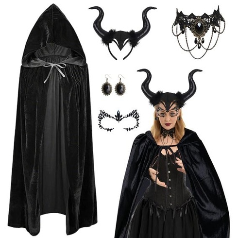Dámsky halloweensky kostým, diabolský kostým pre ženy obsahuje 170cm plášť s kapucňou, krajkovou