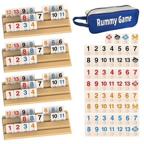 Hra Rummy, Sada Rummy s 1 úložným vakom, 4 stojany, 112 hracích figúrok, Klasické doskové hry,