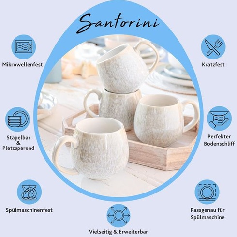 SÄNGER | Sada 4 hrnků Santorini, sada hrnků na kávu pro 4 osoby, kameninové hrnky, vhodné do myčky