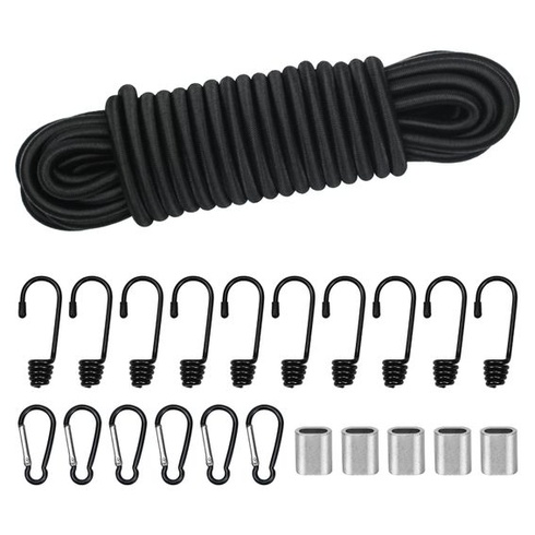 10 m bezpečného, ​​elastického lana, 8 mm, elastické laná a upevňovacie prvky, 10 elastických háčikov,
