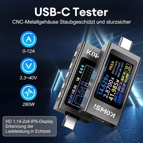 Heemol USB tester 3,3 V - 40 V USB C metr 12 A, digitální multimetr PD3.1 QC4.0 PDO, vysoce přesné