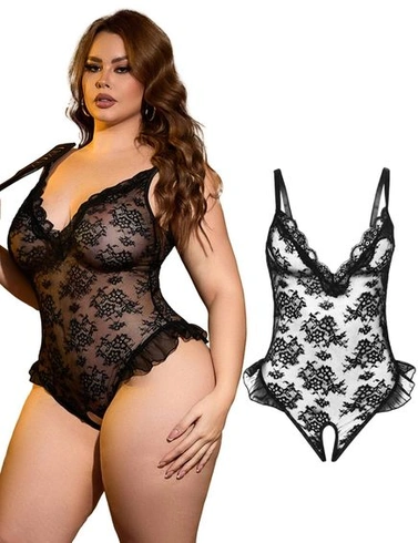 Dámske sexy body s otvoreným rozkrokom, spodná bielizeň, krivky, veľkosť XL, čierne