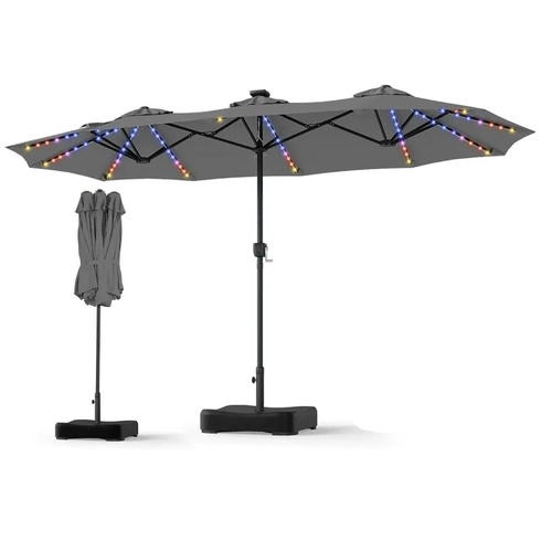 Dvojitý slnečník s kľukou a podstavcom NP13666GR, 370 x 200 cm, so 108 LED diódami, sivý - B