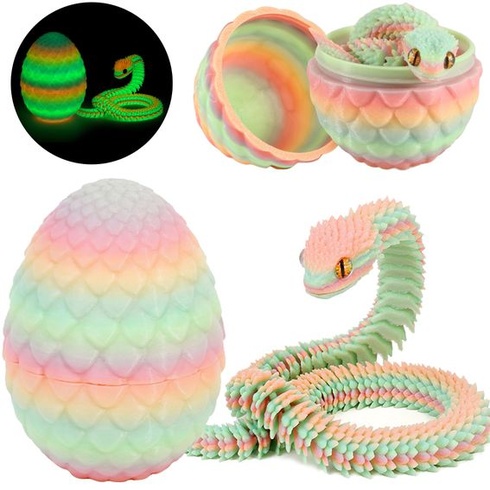 Joycabin 3D tlačený had s vajcom, hračka fidget, farebná viacfarebná malá (výška vajcia: 8,5 cm)