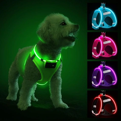 PcEoTllar LED svetelný postroj, dobíjací a reflexný pre psov, zelený-L (3 režimy)