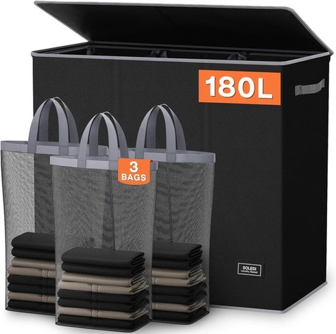 Prádelní koš SOLEDI 180L, sběrač prádla s víkem, 3 přihrádky a 3 pytle na prádlo - Velký třídič