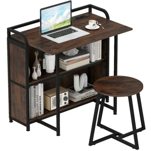 Skladací stôl so stoličkou HW73003DE-CF, zásuvka a USB, 90 x 55 x 83 cm, hnedý - B