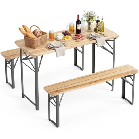 Skládací pivní set NP13167DK, stůl a 2 lavice, 118 cm, přírodní - B