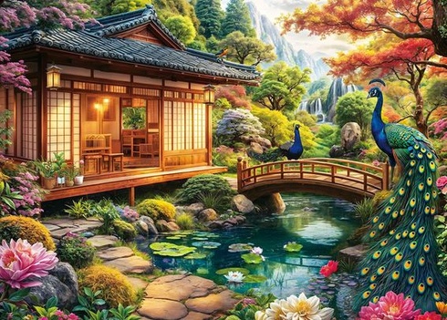 Puzzle 1000 dílků pro dospělé, klasická vzdělávací hra Krásná dekorace - Útulný páví domeček -