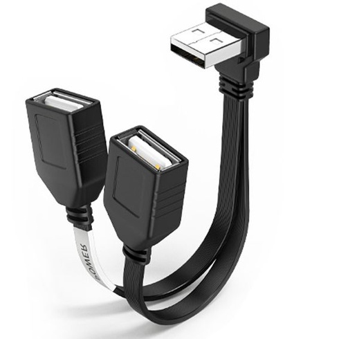 USB rozbočovací kábel, 1 vstup 2 výstupy, 90stupňový USB 2.0 A samec na duálne samice, uhlový