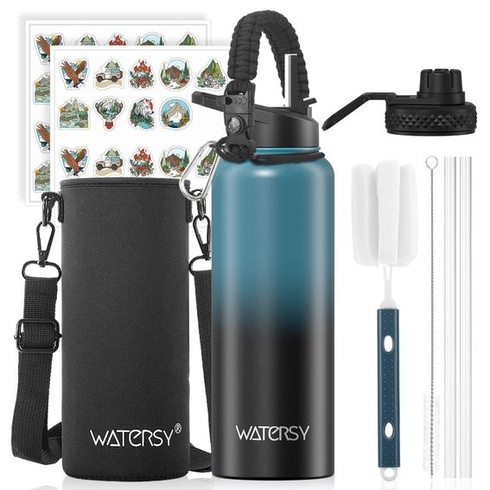 Termoska WATERSY z nerezové oceli s vakuovou izolací o objemu 40 oz a 2 víčky, nepropustná láhev na