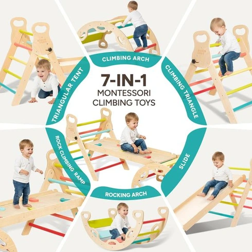Lezecký trojúhelník Giant Bean 5 v 1 Montessori s lezeckým obloukem a skluzavkou, dřevěný