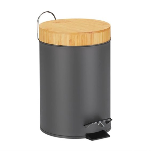 Kúpeľňový kôš Relaxdays, 3 l, kozmetický kôš s mechanizmom pomalého zatvárania, bambusové veko,