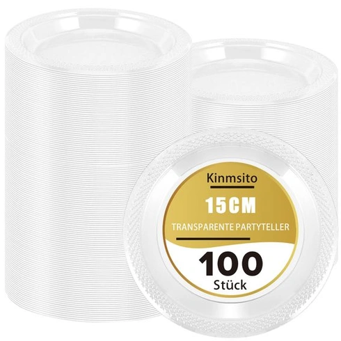100 opakovaně použitelných plastových talířů, průhledných, 15 cm