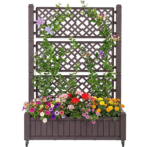 Vyvýšený záhon s mriežkou a kolieskami, s drenážnymi otvormi, 140 x 80 x 40 cm, hnedý - A