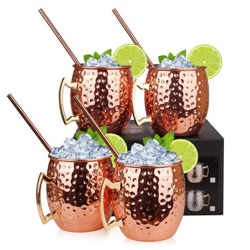 Medené hrnčeky Hossejoy Moscow Mule: Sada 4 kusov – Obsahuje 4 hrnčeky s objemom 550 ml, 4 slamky v