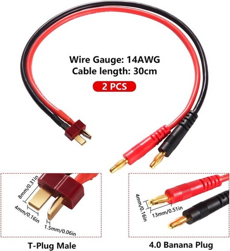 YIXISI 2dílný kabel pro nabíjení RC baterií s T-konektorem a banánkem 4,0 mm, adaptér z T-konektoru