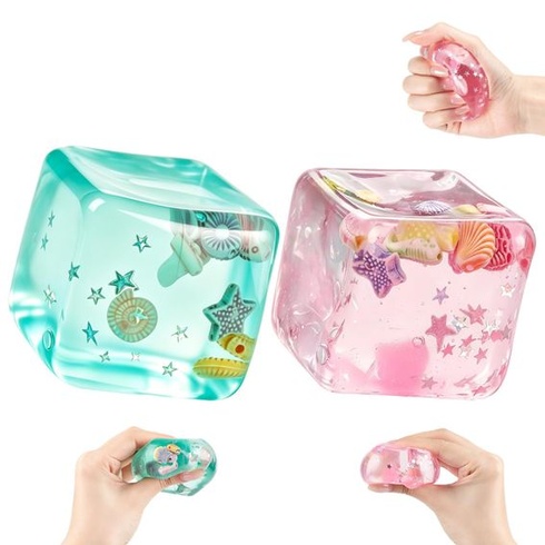 Squishy's Cube Stress Ball - Senzorické stresové loptičky s plávajúcimi mušľami a hviezdami, Stress Ball