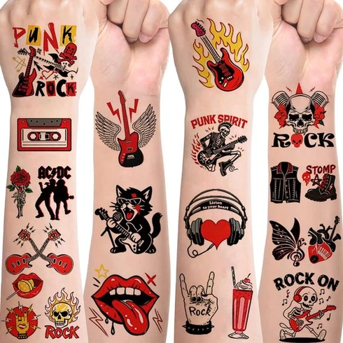 Rock and Roll tetování pro děti, 10 listů Rock Band Punk dětské tetování sada šetrná k pokožce