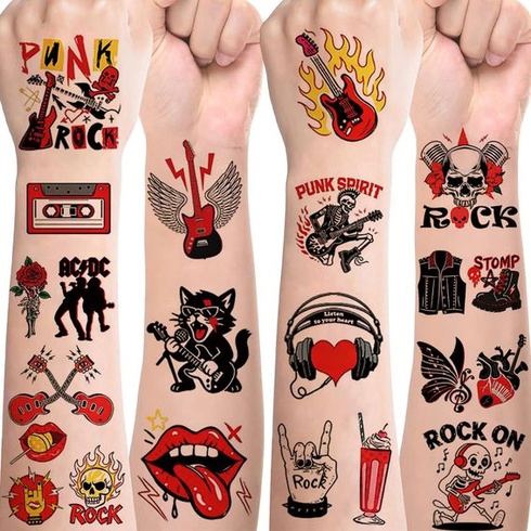 Rock and Roll tetovanie pre deti, 10 listov Rock Band Punk detské tetovanie sada šetrná k pokožke