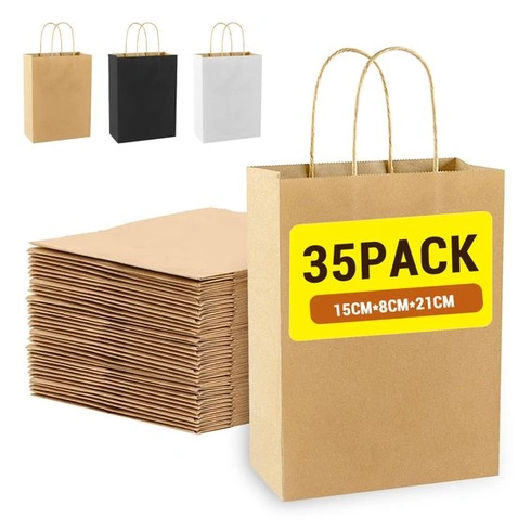 35 papírových tašek s uchy, 15 x 21 x 8 cm, malé dárkové tašky z kraftového papíru na narozeniny,