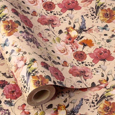 Darčekový baliaci papier RUSPEPA Kraft - Mini role - Design kvitnúce kvety a vtáka, ideálny na
