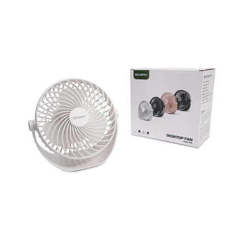Stolný ventilátor SOLMIRA s dobíjacou batériou, biely, USB typu C, prenosný, bezdrôtový, certifikácia