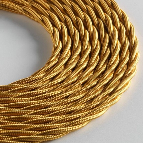 Textilní kabel LUMIÈRE pro osvětlení, 3 x 0,75 mm, zlatá barva, délka 3 m, včetně zemního kabelu.