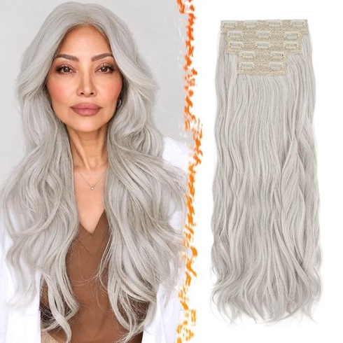 BARSDAR 60cm syntetické vrstvené vlnité šedé clip-in prodlužování vlasů šedý mix 60cm