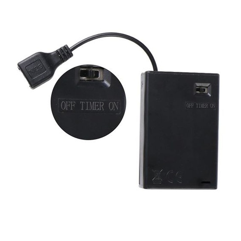 Jednodílná krabička na baterie s časovačem, držák na 3 baterie AA, USB zásuvka, krabička na 3