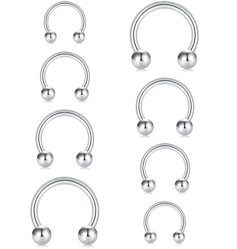 4 páry piercingů do nosu a septa ve tvaru podkovy, 16G 6/8/10/12mm piercing do rtu, tragus helix,
