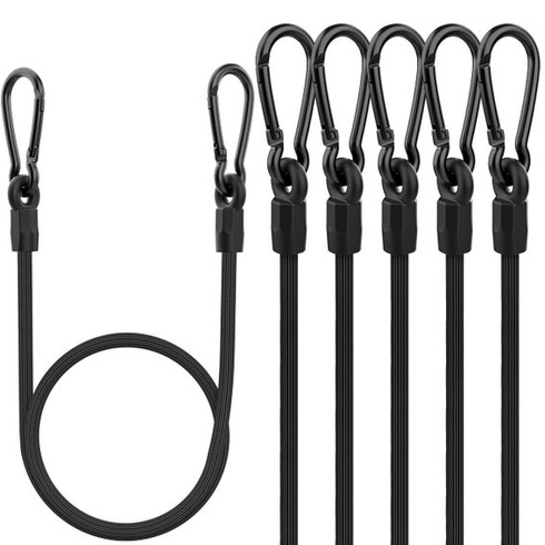 Expandér s háčkem, 60cm bungee šňůra s karabinou, 6 kusů, 100% latexové černé napínací popruhy,
