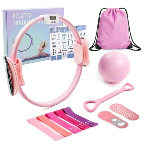 Sada MaxU Pilates pre ženy: kruh s počítadlom, kruh s priemerom 35 cm, lopta, gumy a ponožky. Perfektný
